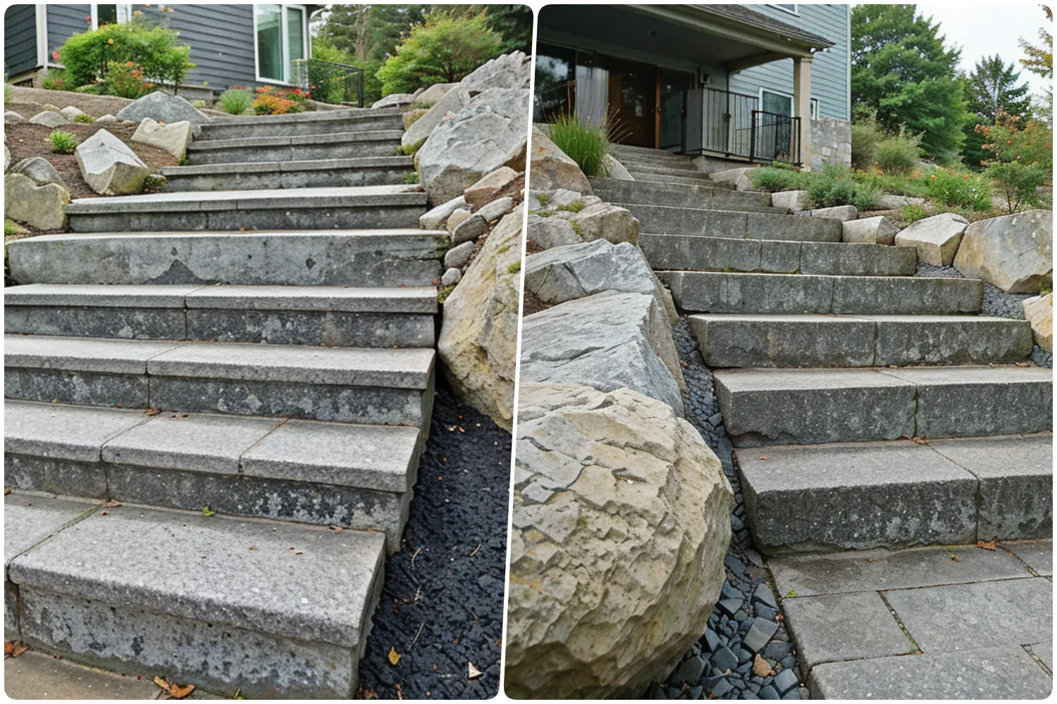 Side-by-side comparison of stone steps with landscaping details