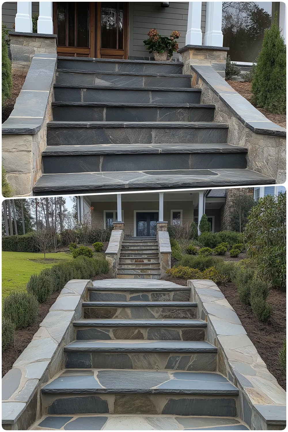 Side by side view of a stone staircase leading to a house showing different angles