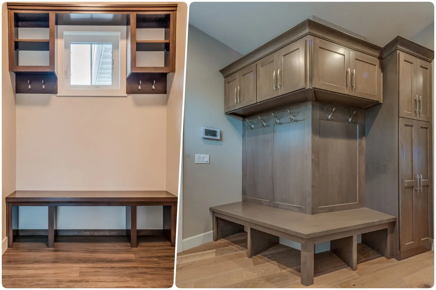 Simple mudroom with a bench shelves above and a small window, Stylish entryway featuring a tall storage unit with cabinets and a bench below