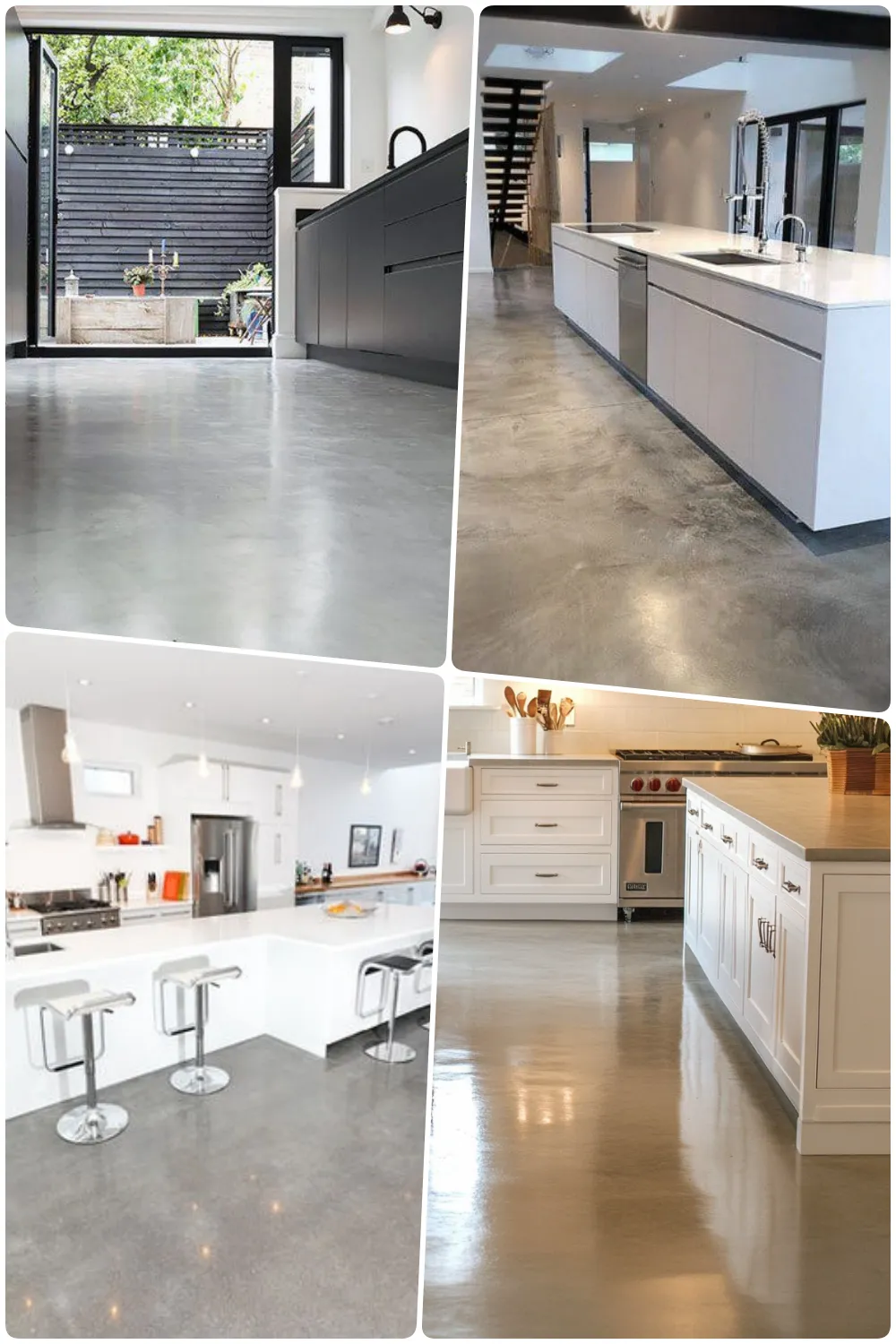 Sleek modern kitchens featuring polished concrete flooring with stylish cabinetry and appliances