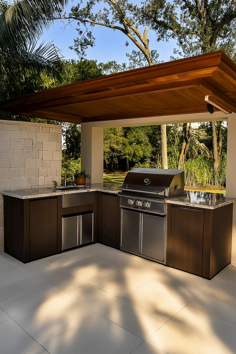 Small and modern outdoor kitchen with grill sink and stainless steel appliances beneath canopy