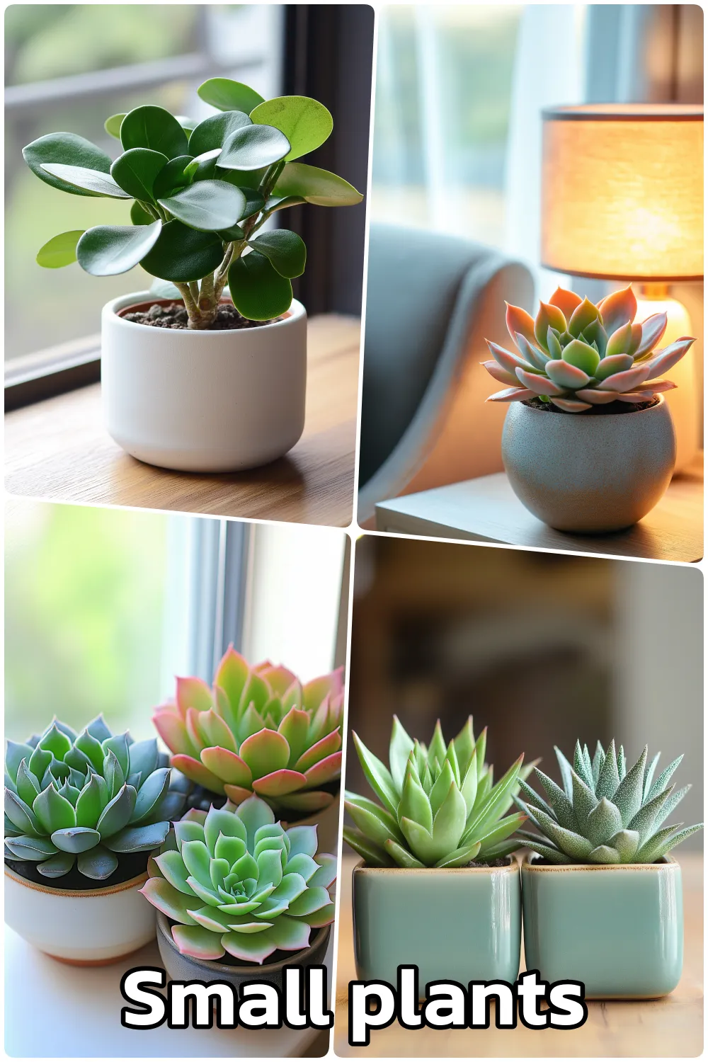 Small green plant in a white pot by a window, Succulent in a gray pot beside a warm lamp, Three small green plants in blue and white pots