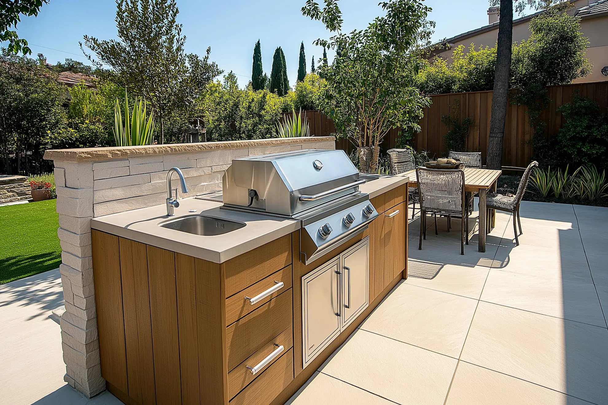 Small outdoor kitchen with grill sink and dining table amidst greenery