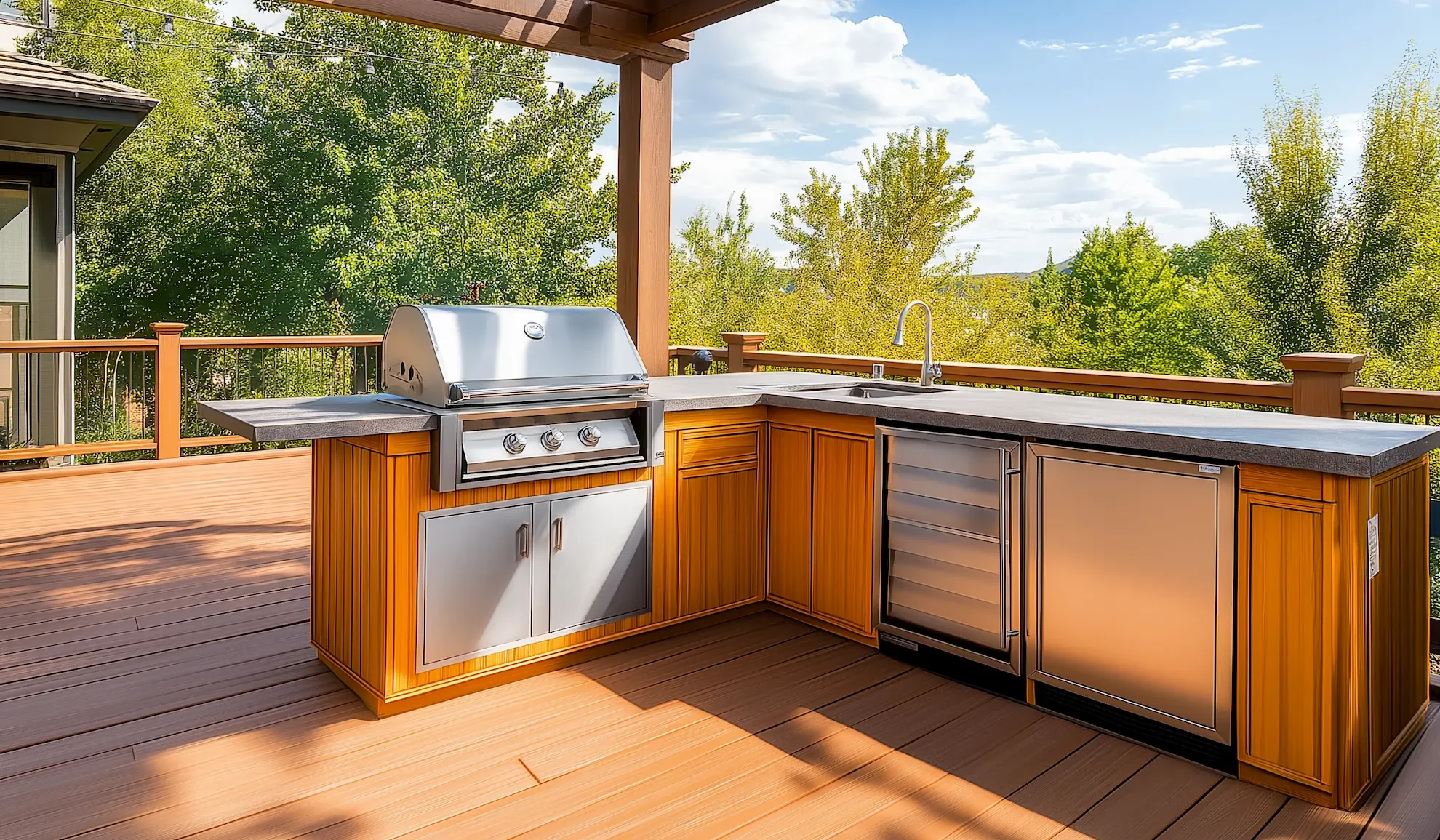 Spacious outdoor kitchen on a deck wooden made with stainless steel grill and wooden cabinetry under pergola