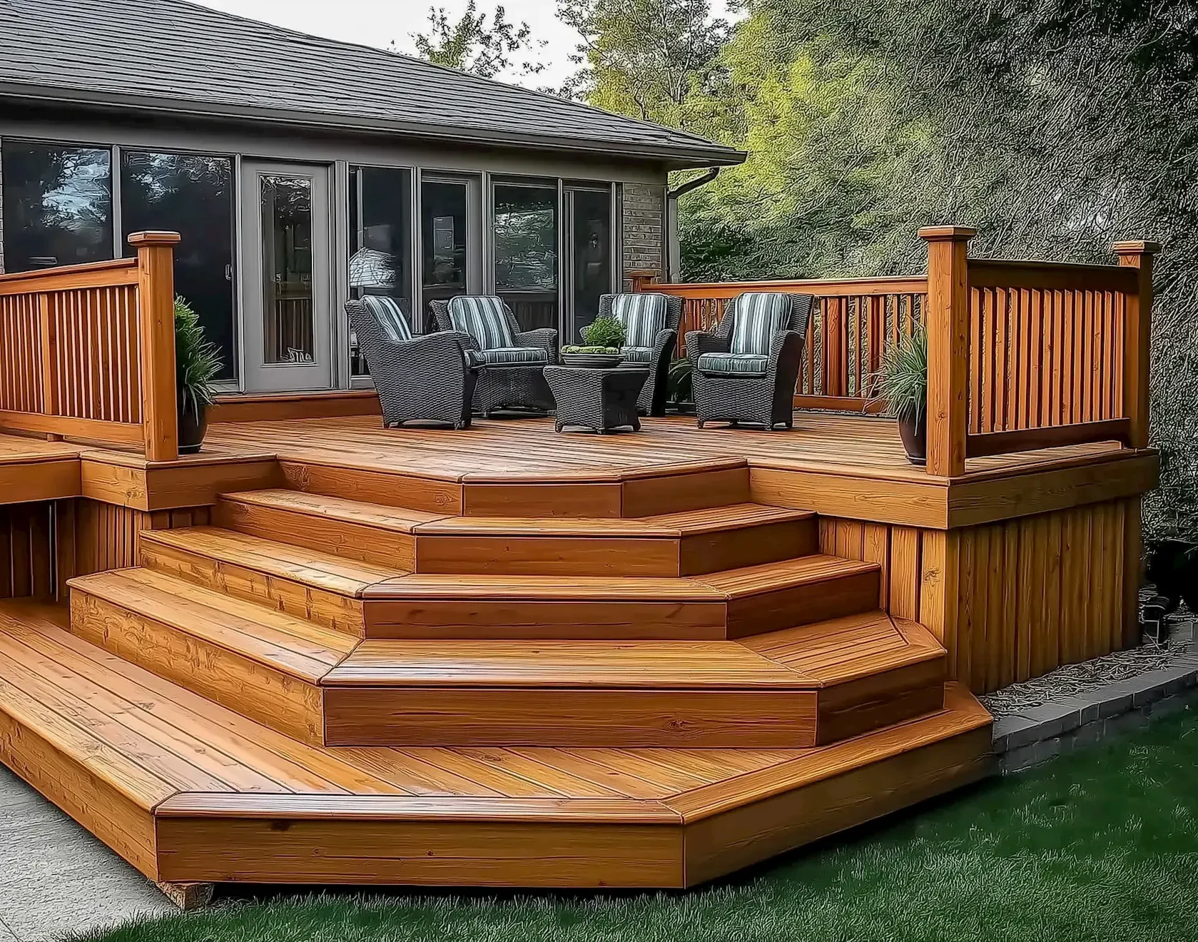 Spacious wooden deck with tiered steps and chairs surrounded by greenery