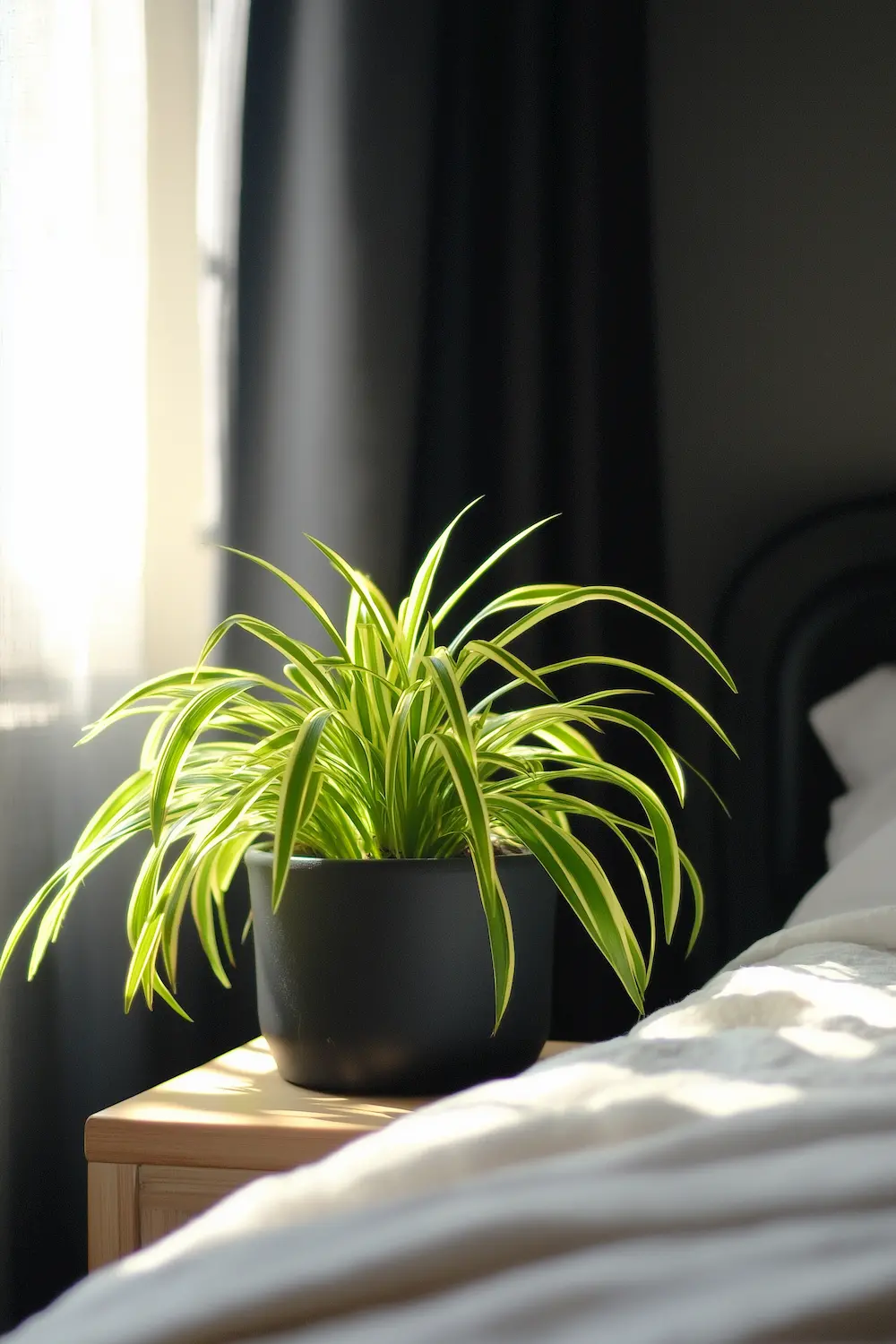 Spider plant with long green and white striped leaves in a black pot on a bedside table