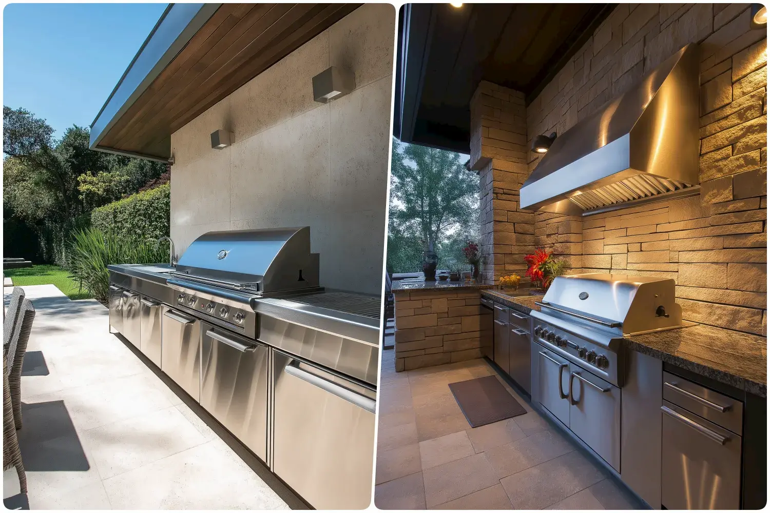 Split image of two outdoor kitchens one stainless steel and one with stone walls at different times