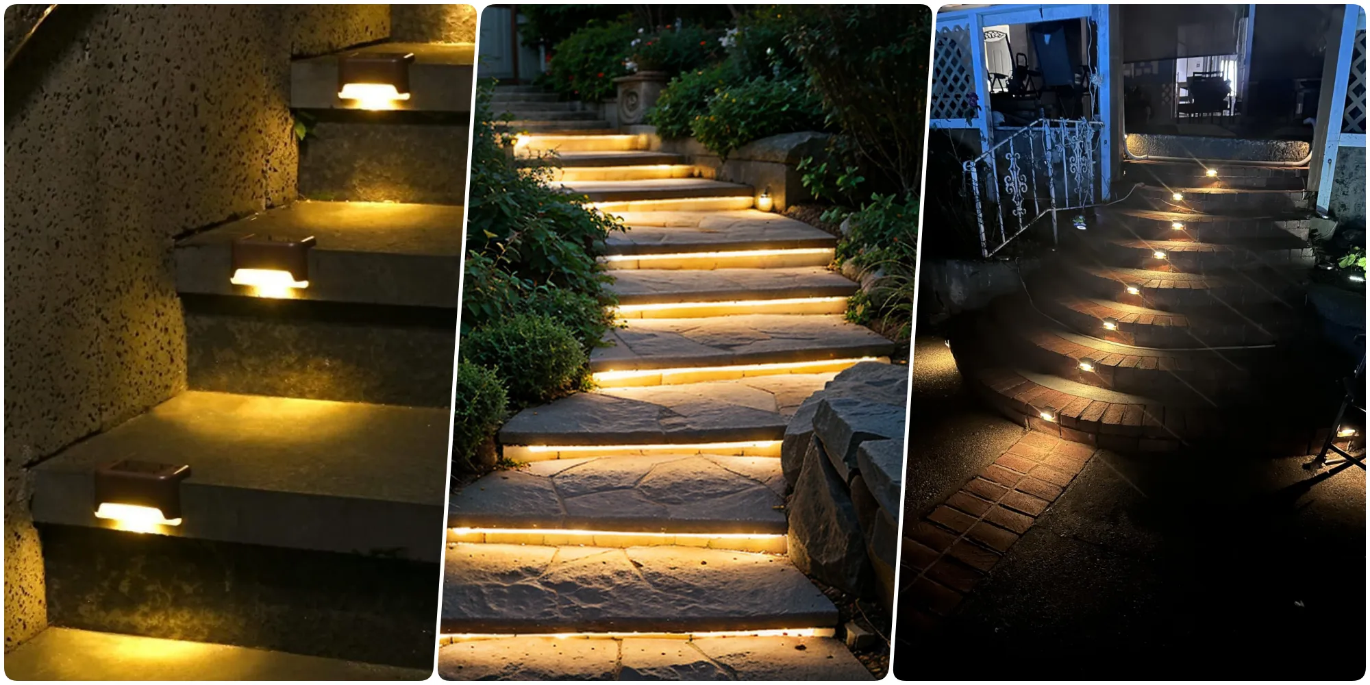 Staircase lit with warm lights on stone steps surrounded by greenery, Pathway illuminated by lights highlighting stone steps in a garden, Dimly lit staircase with lights outlining each step near a porch