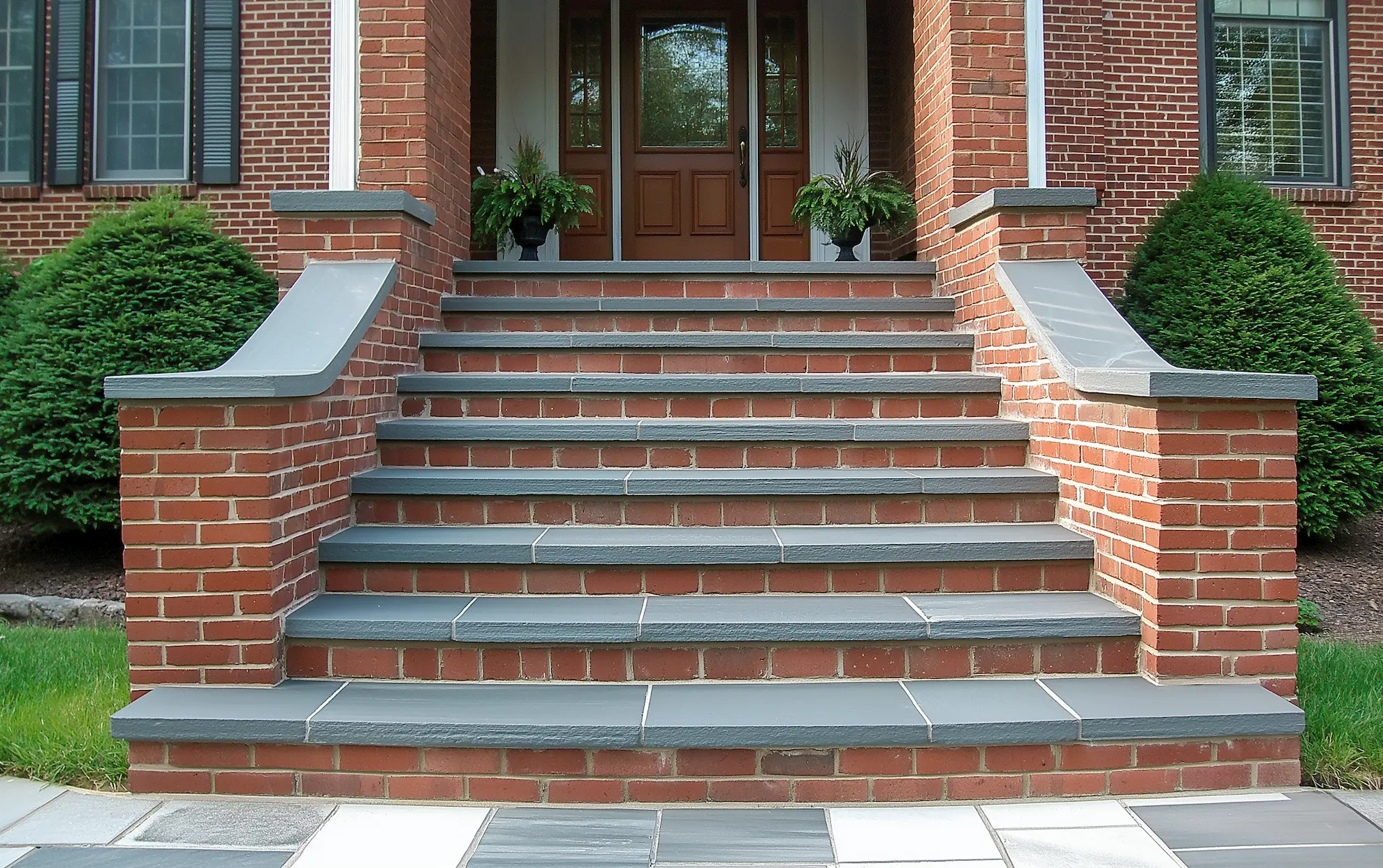 Staircase made of brick and stone leads to a wooden door with potted plants on each side