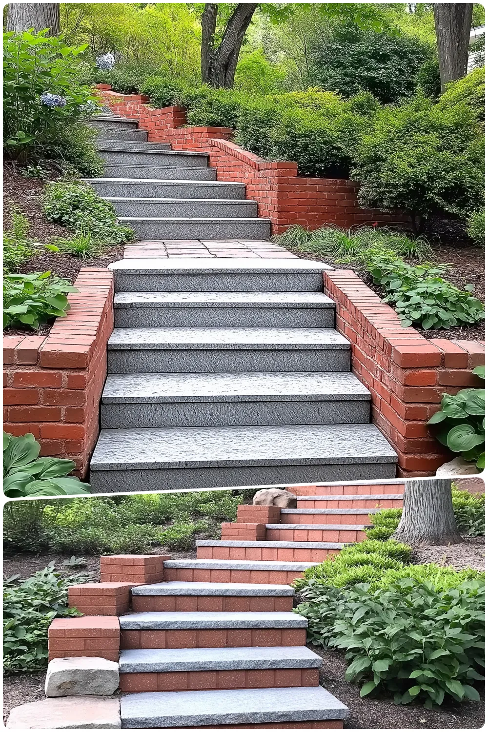 Staircase with gray stone steps bordered by red brick and surrounded by greenery, Sloped stone steps with brick walls and lush plants in a shaded garden area