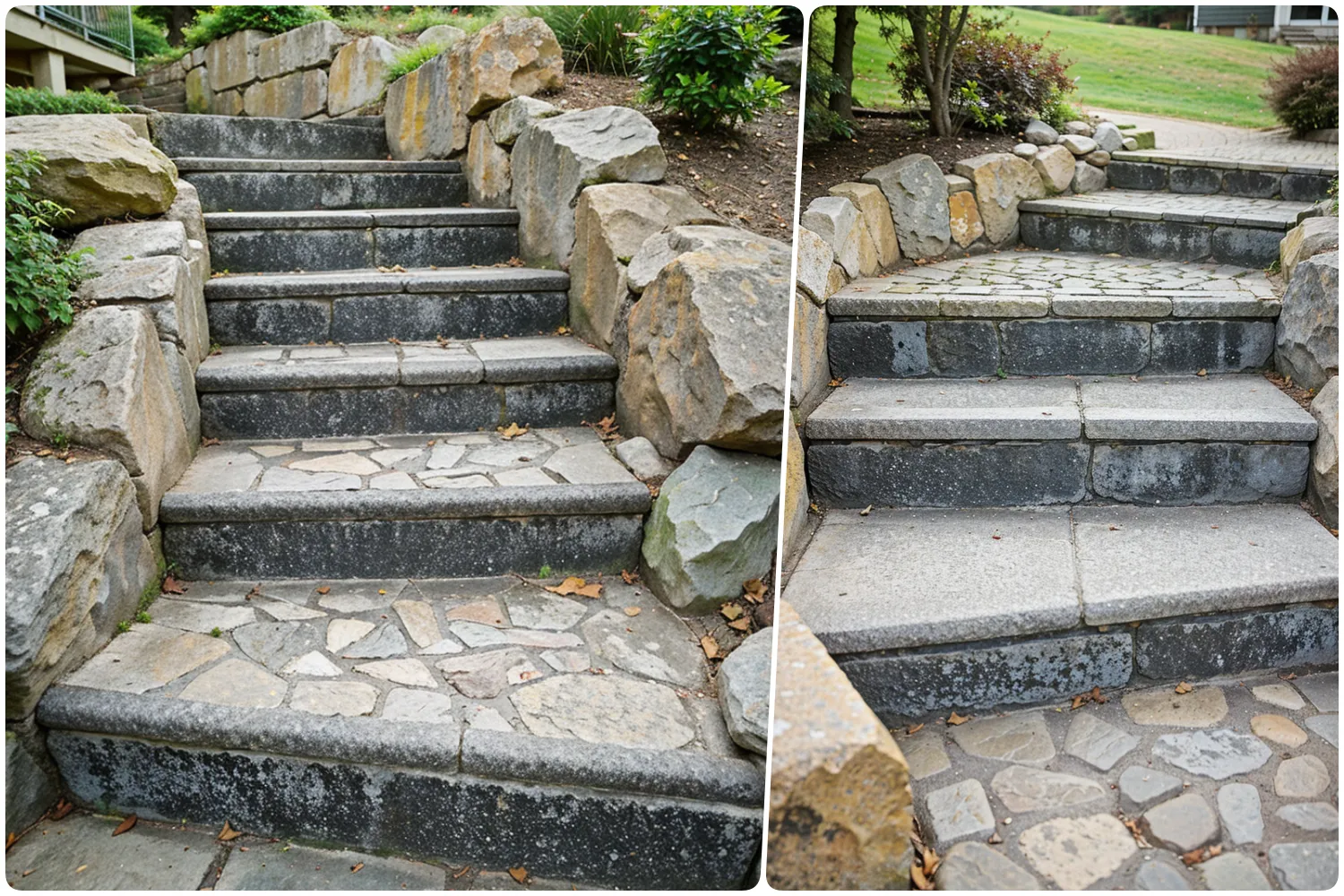 Steps made of dark stone and patterned stone bordered by large rocks and greenery