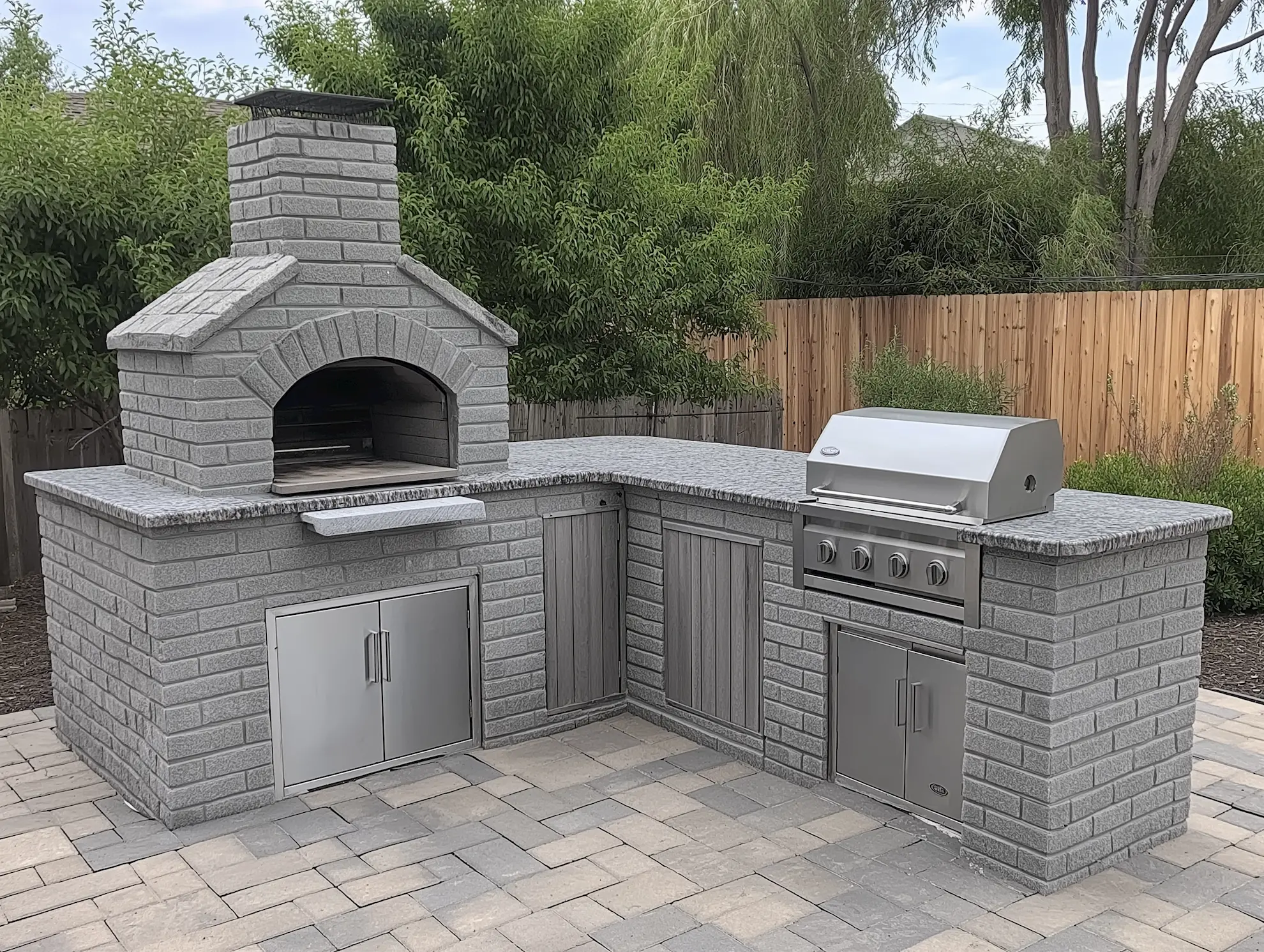 Stone outdoor kitchen with grill and pizza oven on gray granite countertop