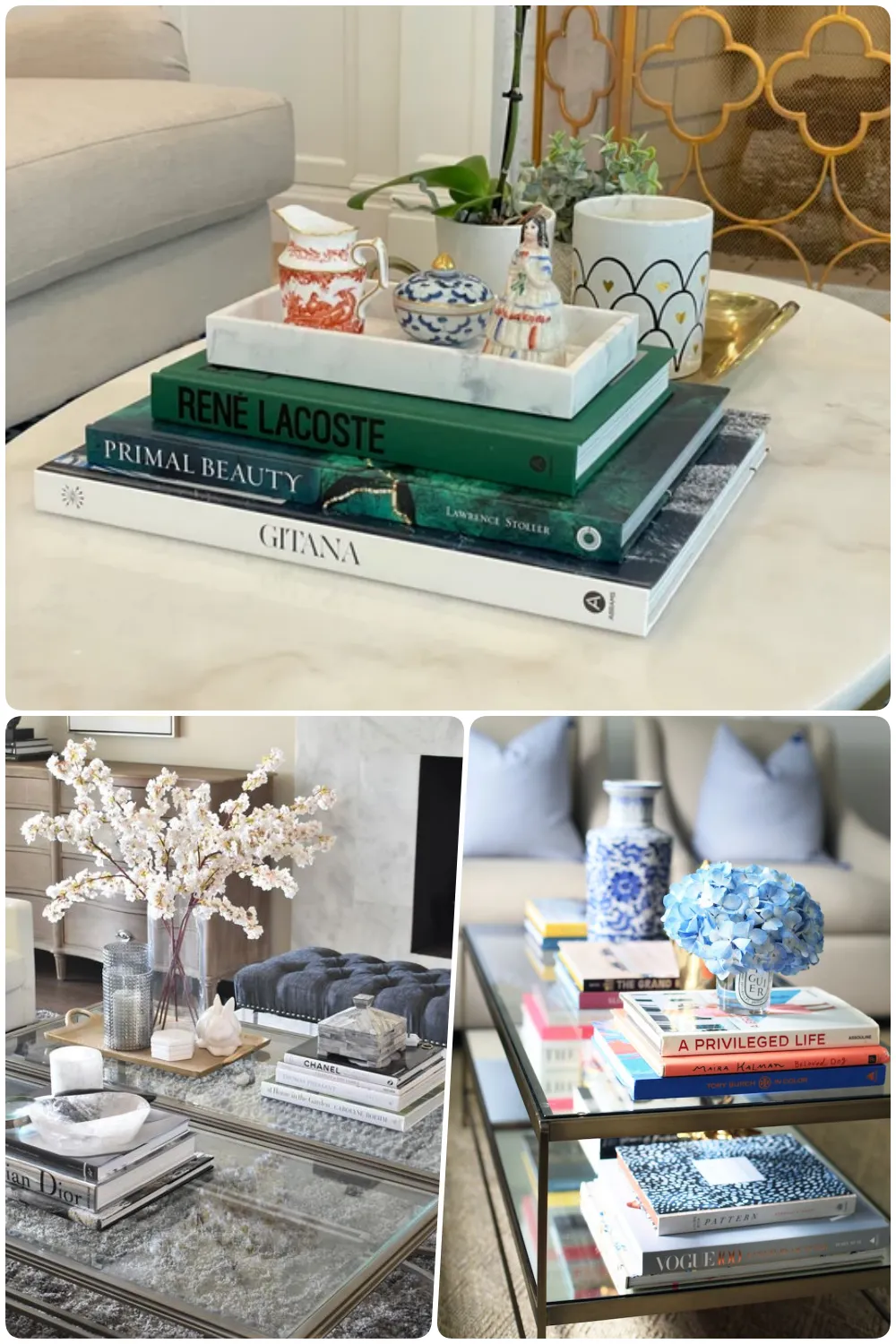 Stylish coffee and glass tables with stacked books decorative ceramics flowers and plants