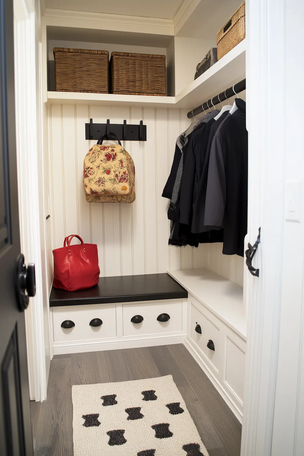 Stylish entryway closet with bags hats and a patterned rug on wooden floor