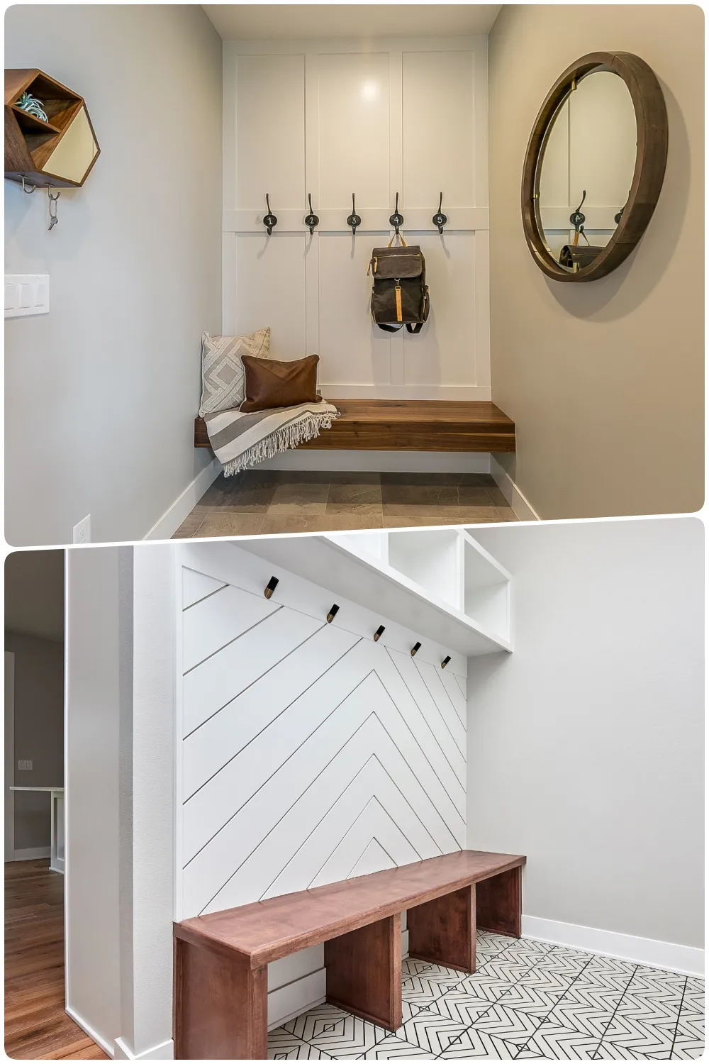 Stylish entryway with a wooden bench hooks and a round mirror on the wall, Modern mudroom featuring a chevron wall a wooden bench and hooks above