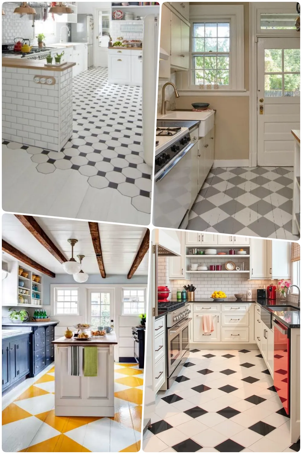 Stylish kitchen designs with unique patterned tiles in various colors and layouts