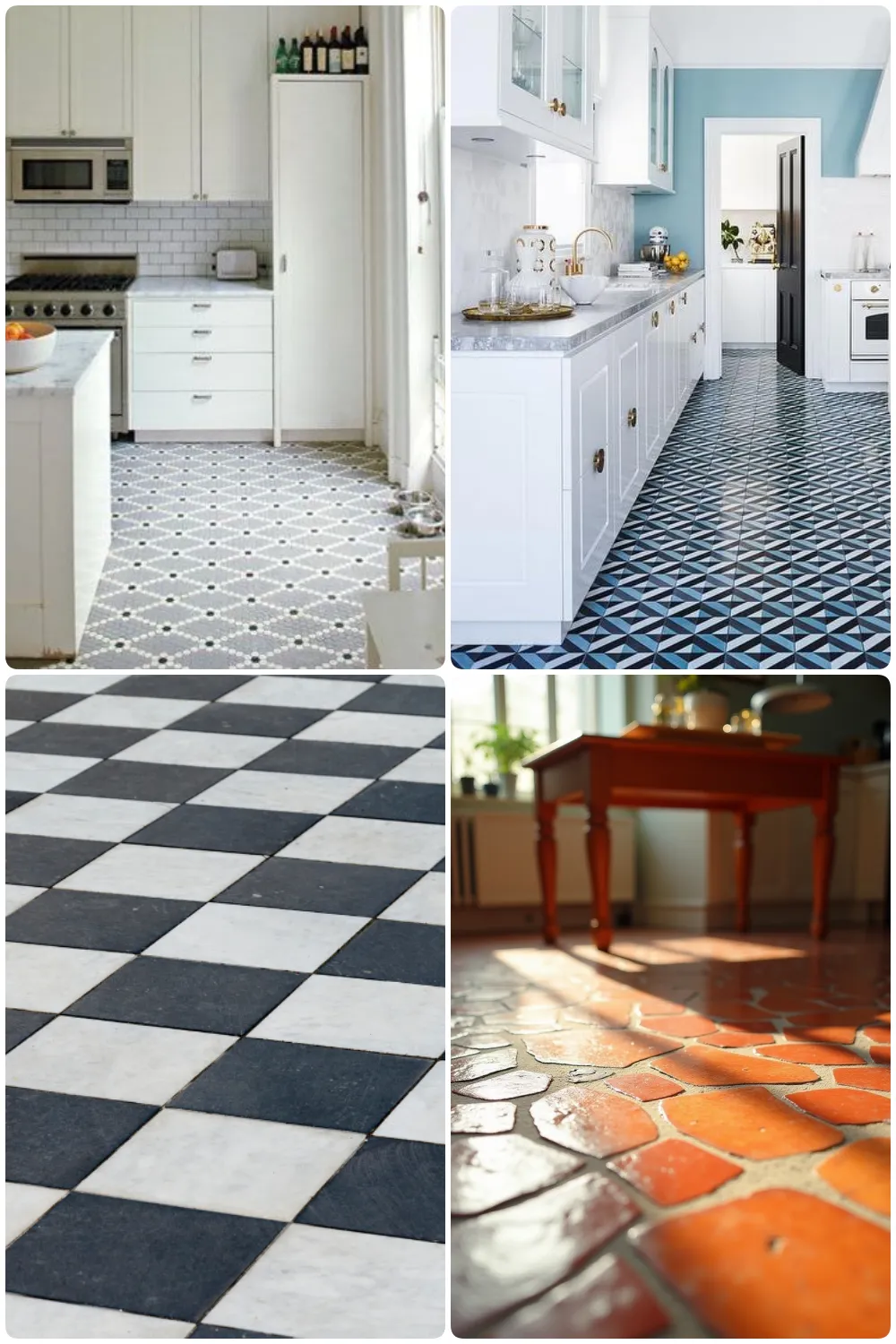 Stylish kitchens with patterned tile floors showcasing geometric designs in multiple colors