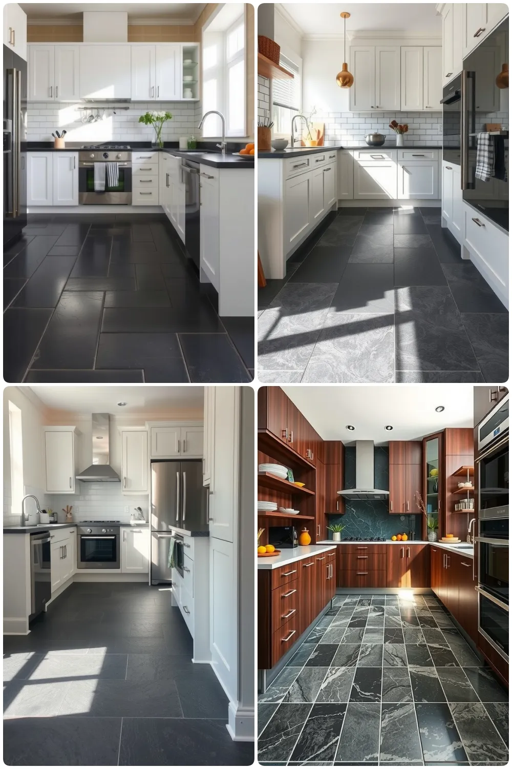 Stylish kitchens with sleek dark tile floors showcasing modern designs and finishes