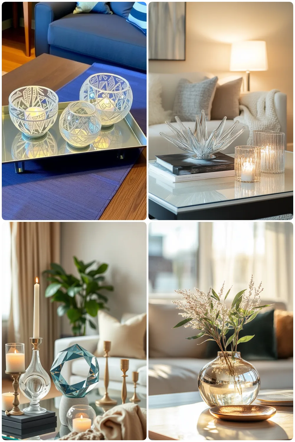 Stylish living room decor featuring decorative bowls and candles on a mirrored tray vibrant greenery in a cozy setting elegant crystal centerpiece and lit candles