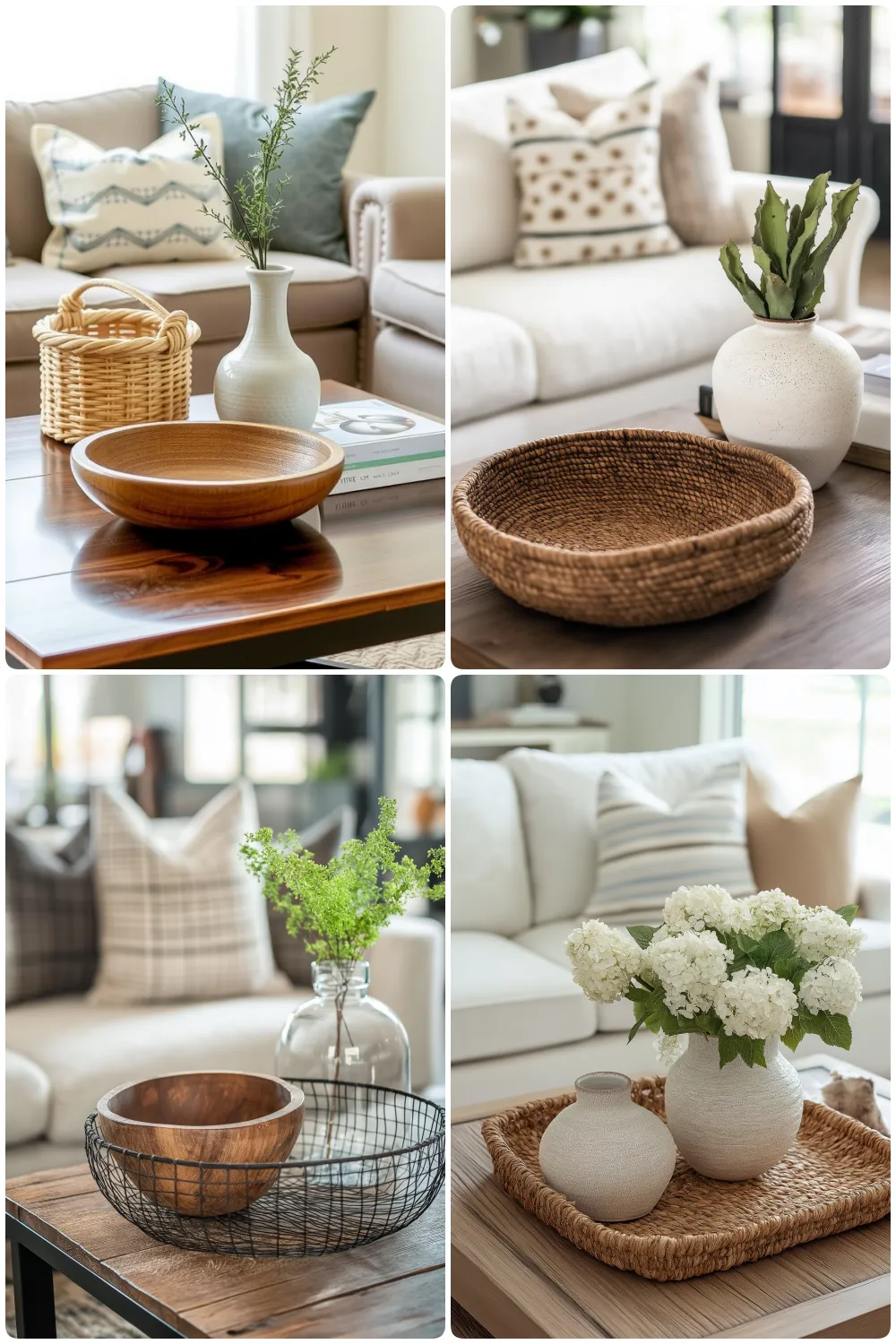 Stylish living room decor with wooden bowls woven baskets and potted plants on coffee tables