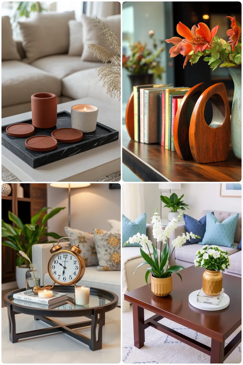 Stylish living room featuring a cozy sofa with decorative candles and flowers on a tray alongside books a clock on a coffee table surrounded by greenery and a second table showcasing white orchids