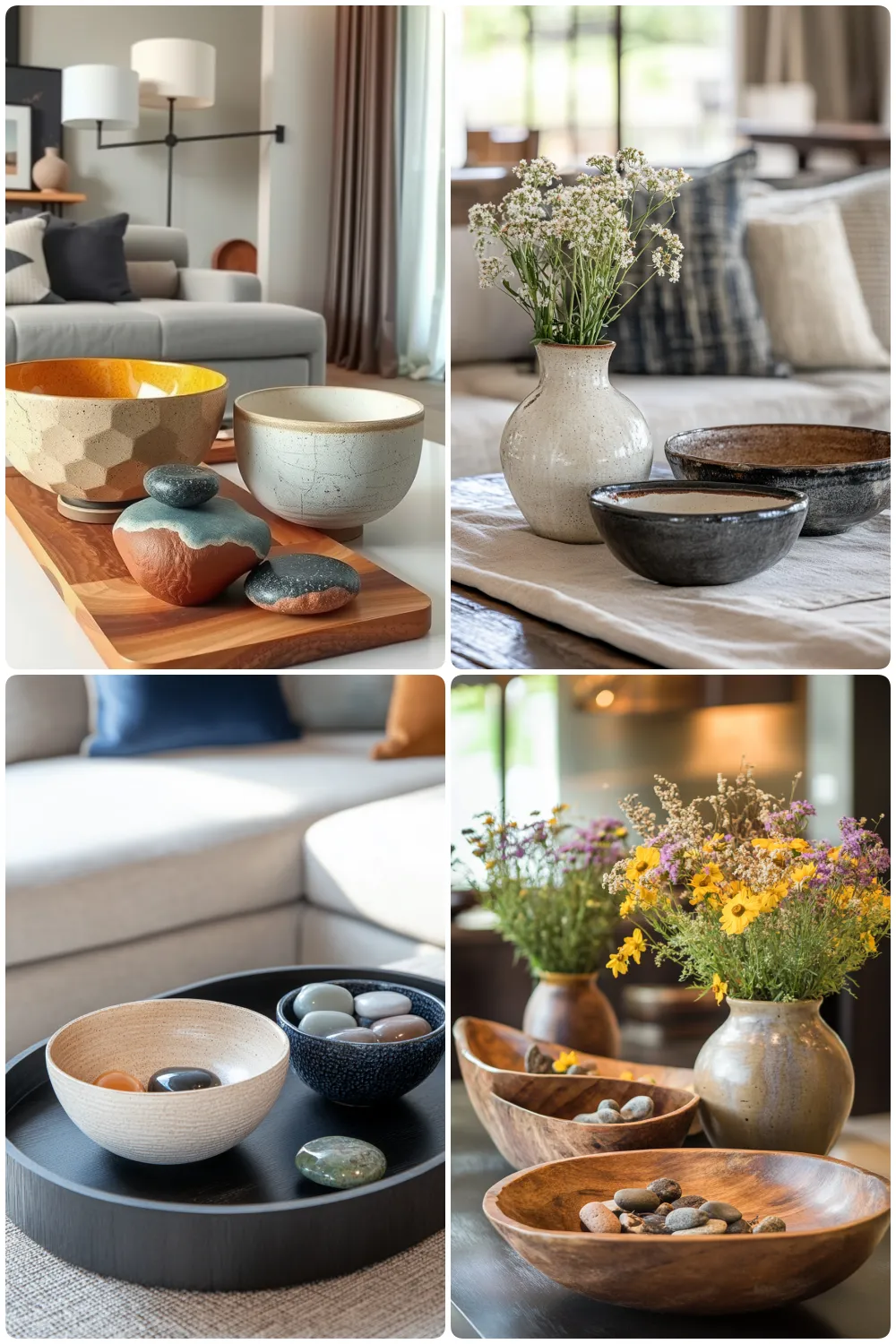 Stylish living room featuring colorful bowls and stones on a wooden tray alongside a floral vase with flowers and a collection of bowls on a linen table creating a cozy home decor atmosphere