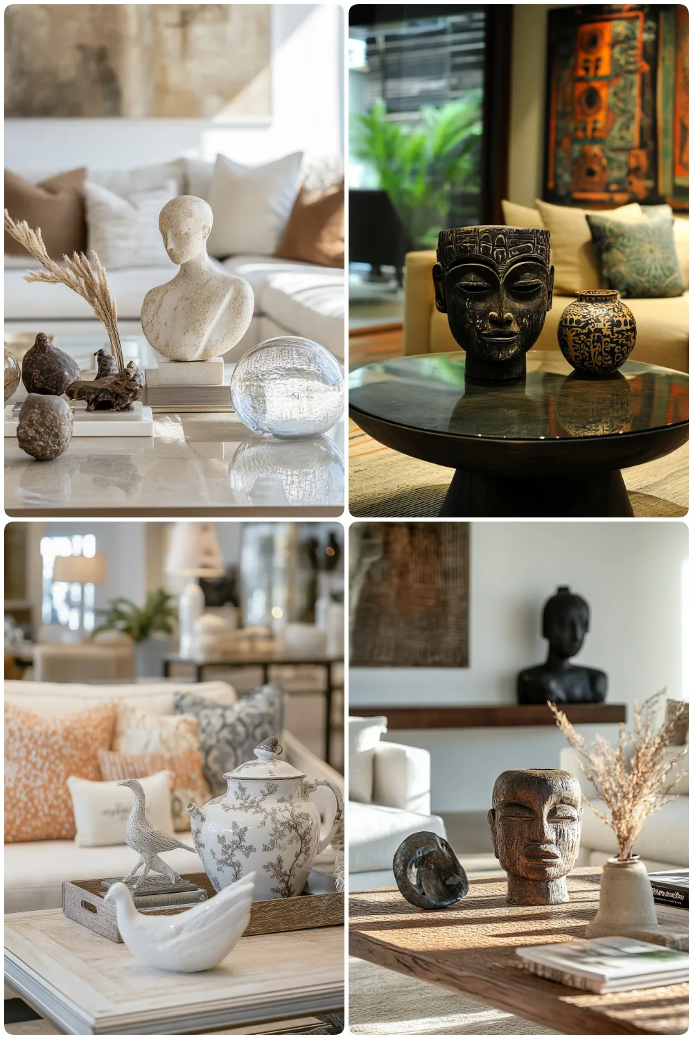 Stylish living room featuring decorative sculptures and vases on a coffee table, black mask and golden vase on a round table, elegant teapot and bird figurine