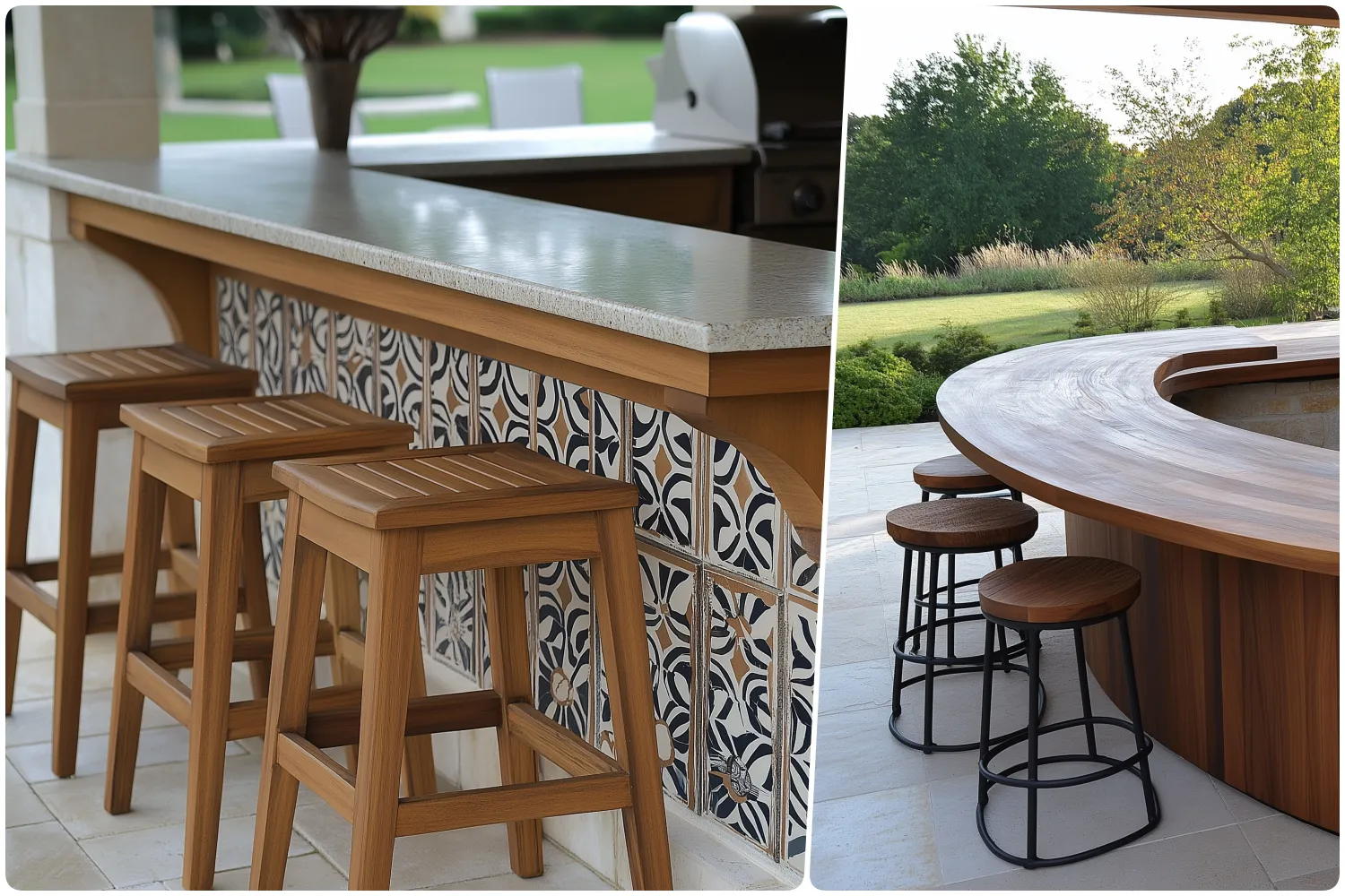 Stylish outdoor bar areas with wooden stools and patterned tile accents