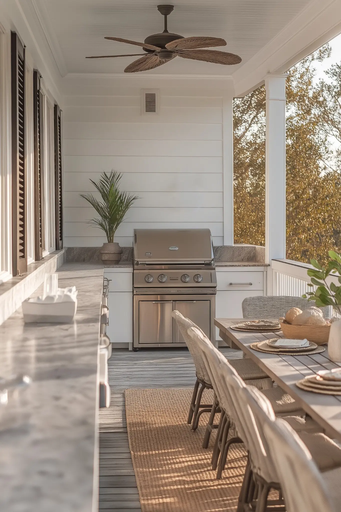 Stylish outdoor kitchen with a grill dining table and palm plant in a bright setting, porch