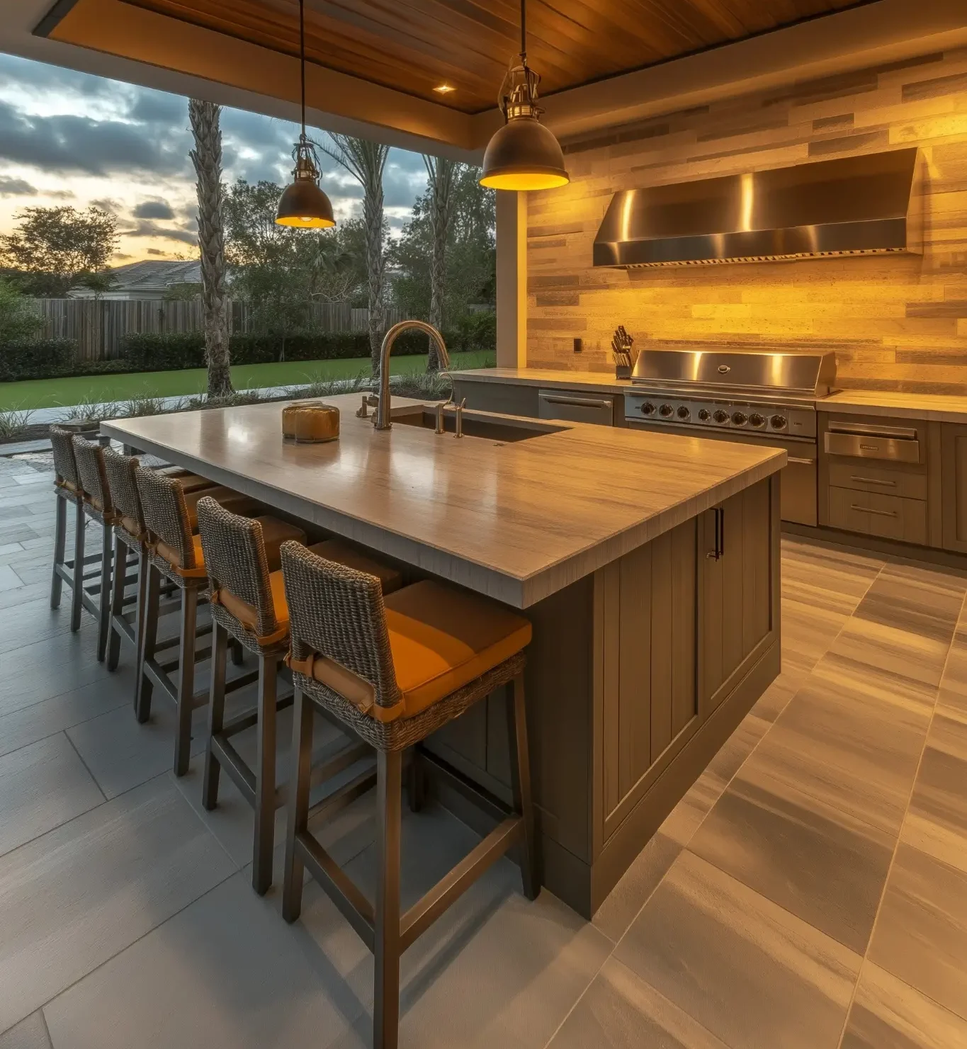 Stylish outdoor kitchen with wooden ceiling and stainless steel appliances at sunset