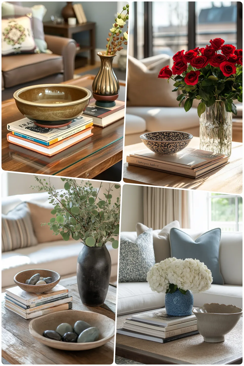 Stylish wooden coffee table with decorative bowls books and flowers arranged attractively