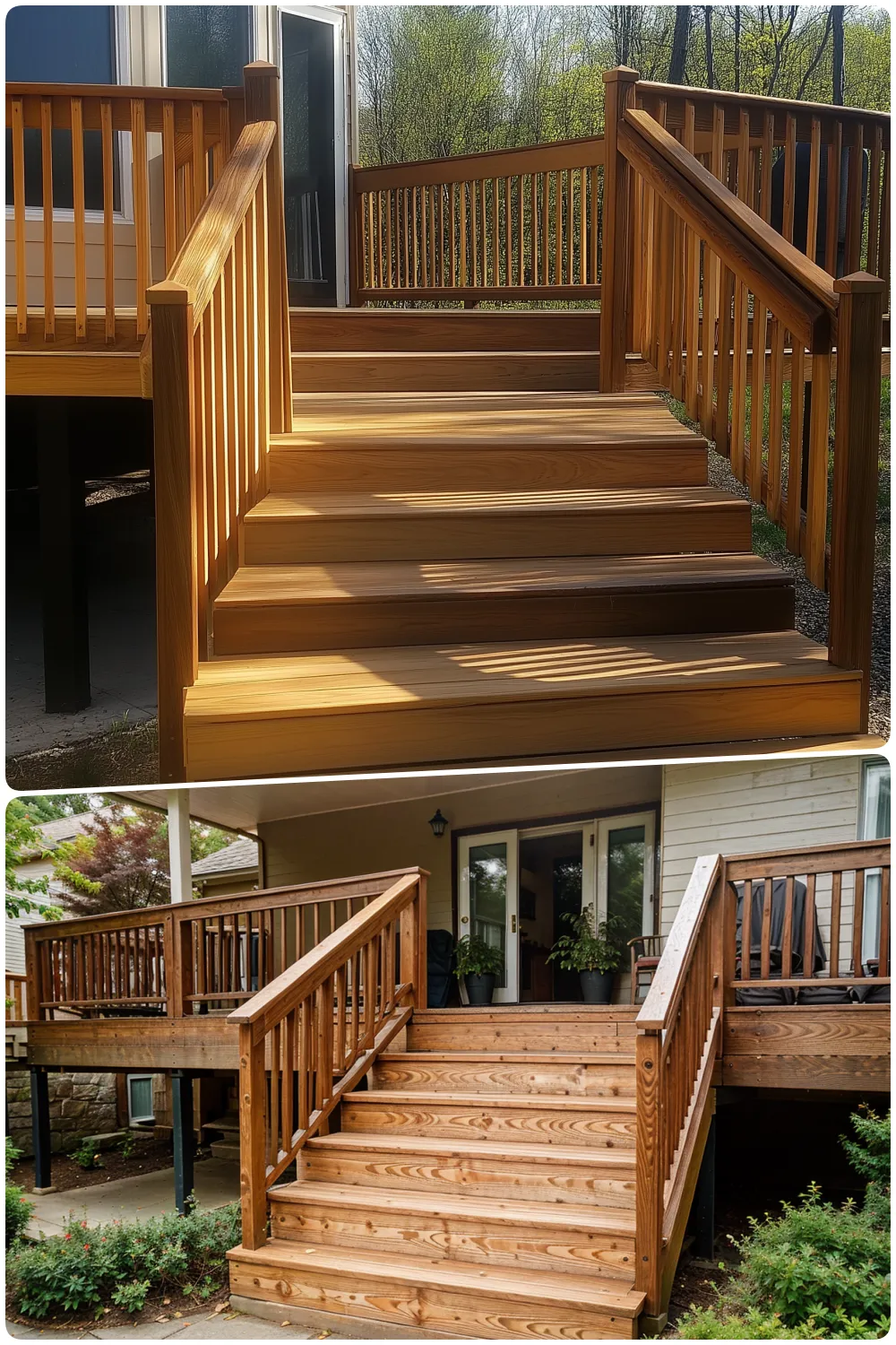 Sunlit wooden stairs leading to a deck surrounded by trees and greenery and Wooden deck stairs with railings leading to a house entrance with plants