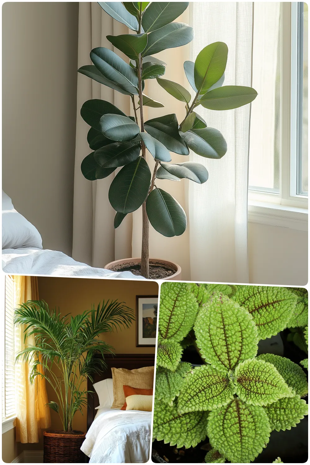 Tall leafy Baby Rubber in a pot by the window in a cozy room, Large Parlor Palm plant next to a bed with light curtains, Round-leaved plant Friendship Plant (Pilea involucrata)