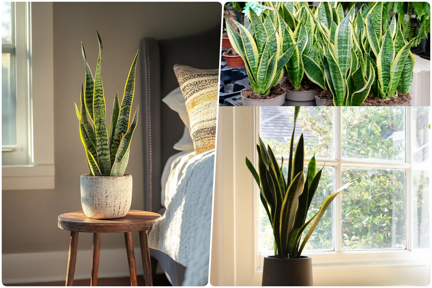 Tall snake plant in a rustic pot on a wooden stool beside a cozy bed and window, Group of snake plants with green and yellow striped leaves in terracotta pots