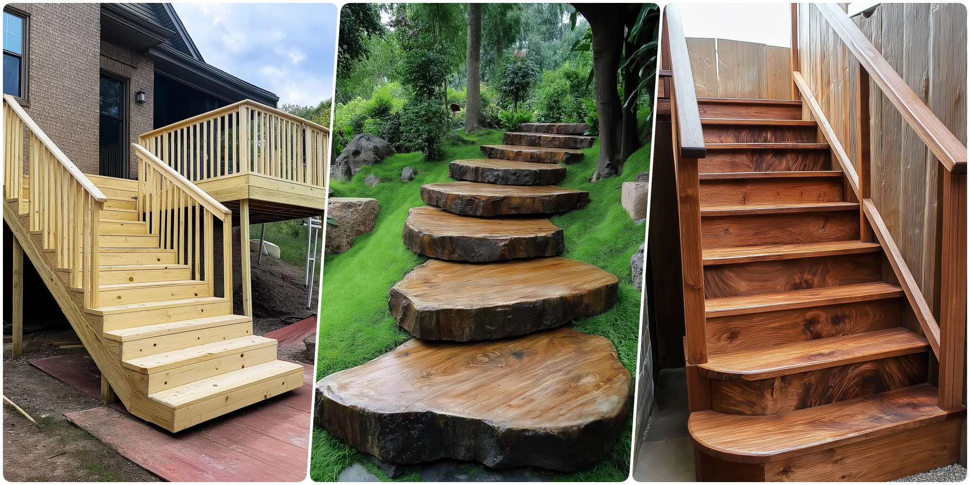 Three types of stairs made of wood howcasing different designs and materials, wooden timber steps, reclaimed wood eco-friendly