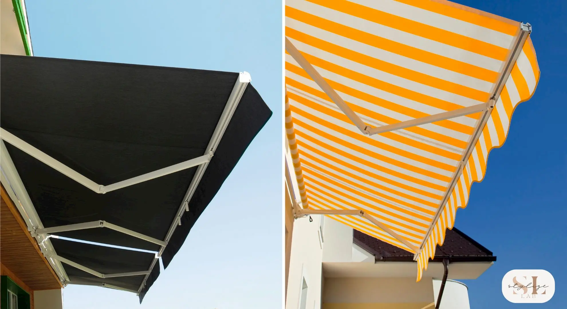 Two awnings one black and one yellow striped against a clear blue sky