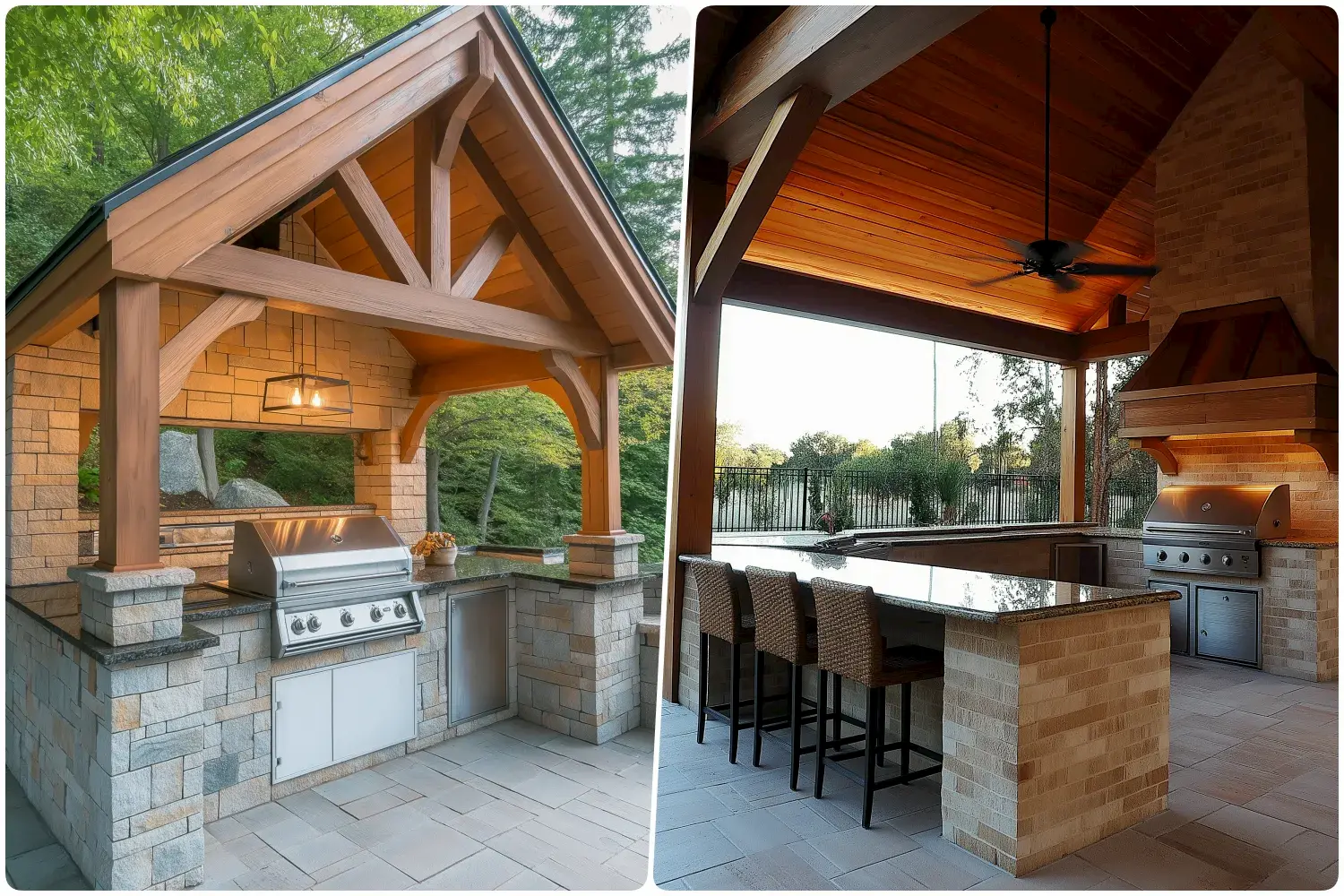 Two outdoor kitchen covered views with stone walls stainless steel grill and bar seating area