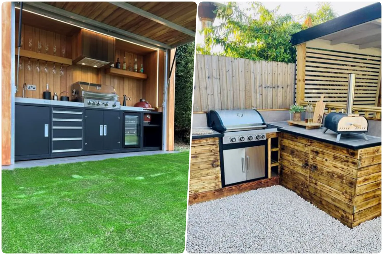 Two outdoor kitchens side by side with grilling areas and different finishes