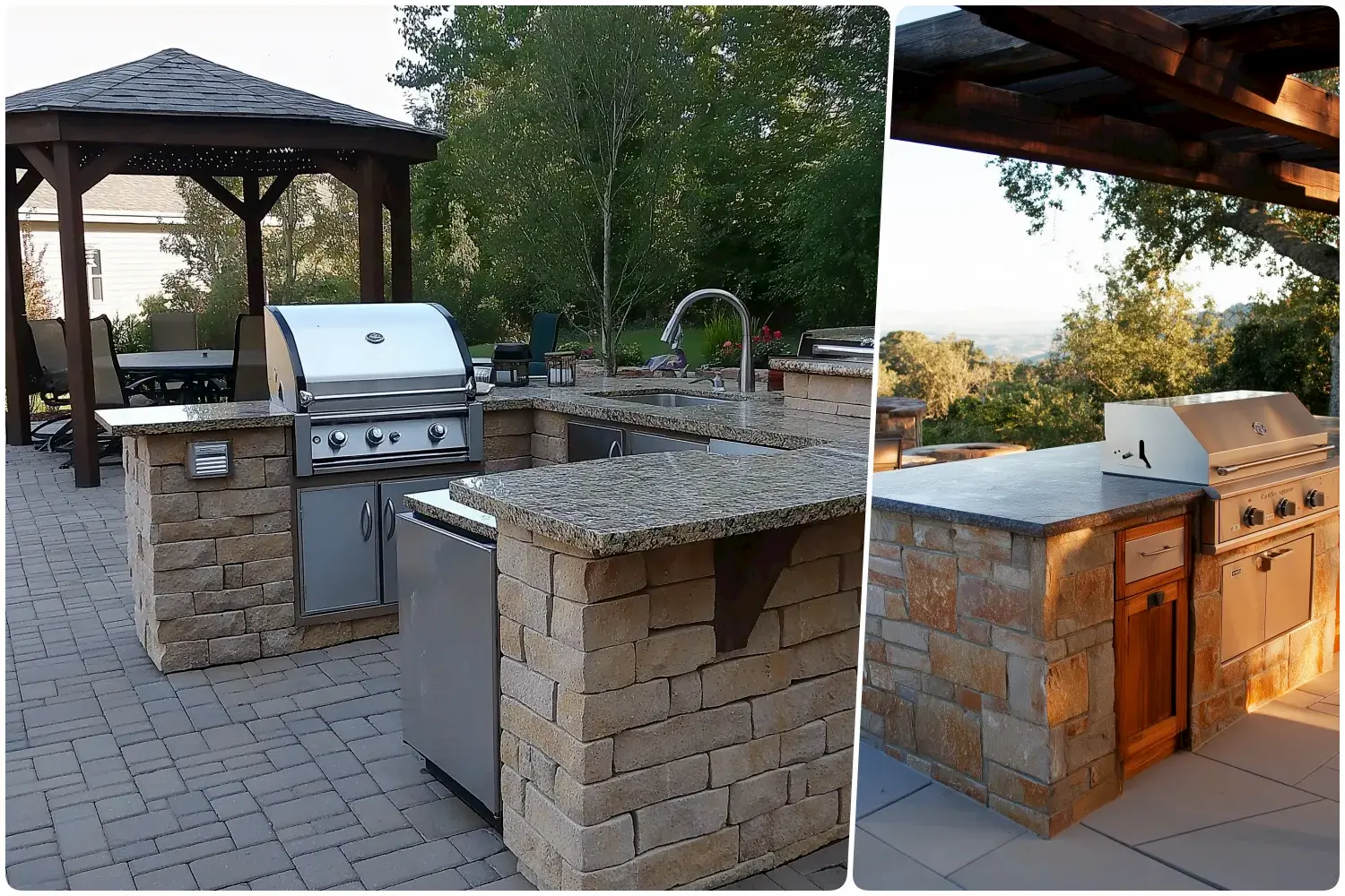 Two outdoor kitchens with grills and stone countertops set in a green backyard