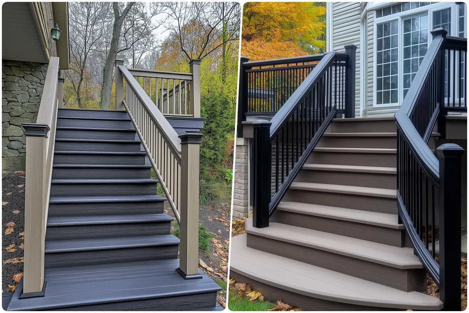 Two staircases side by side one with brown railing and one with black and Left staircase features brown railings while the right has black railings and steps