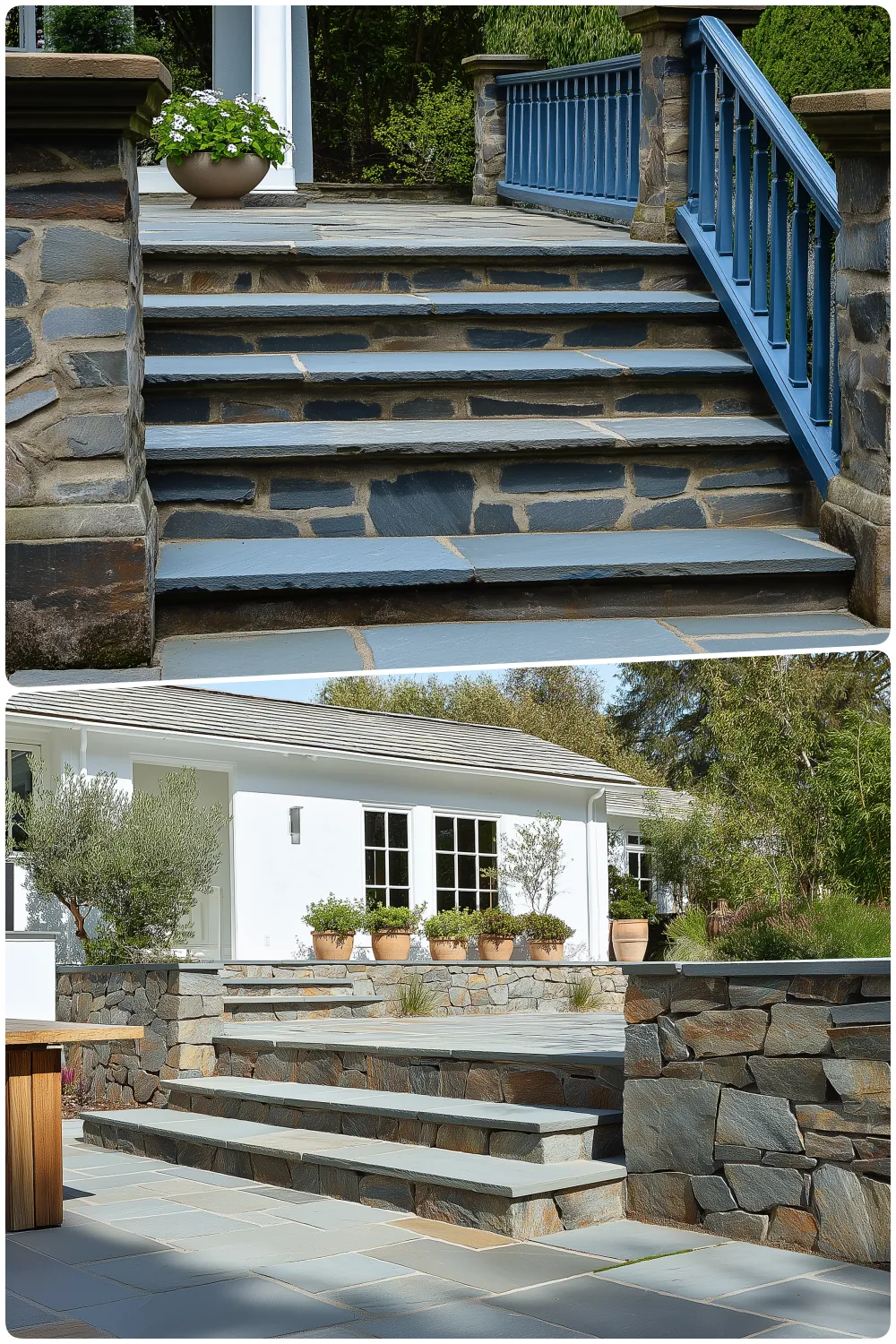 Two views of stone steps with bluestone, and blue railings leading to a white house