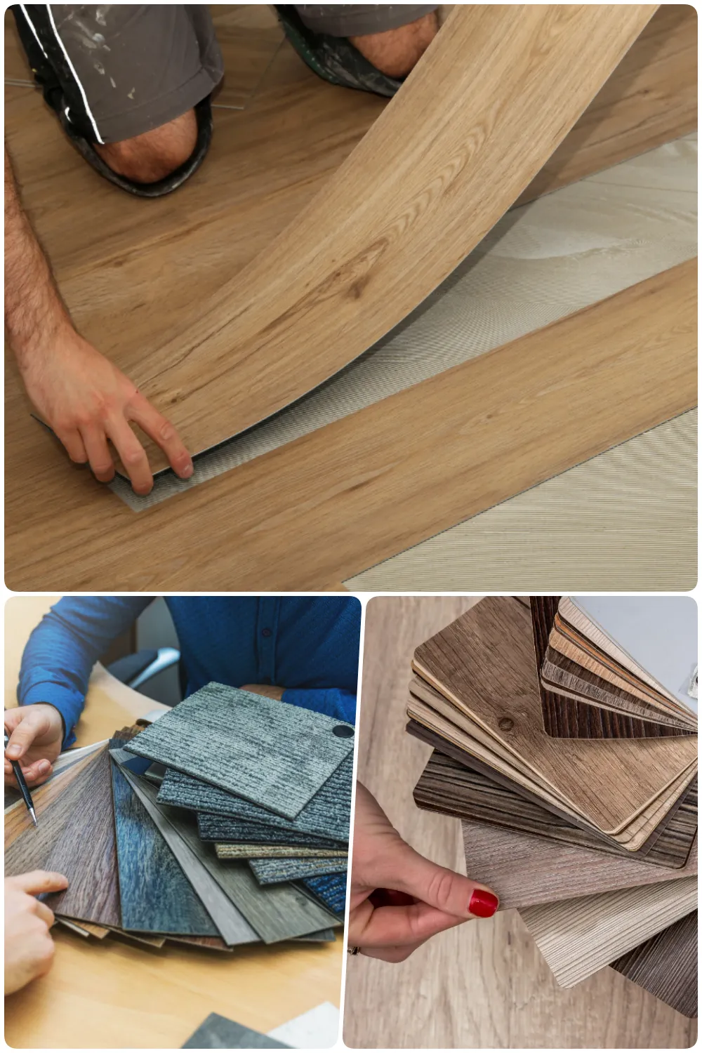 Various flooring materials and samples with hands demonstrating installation techniques