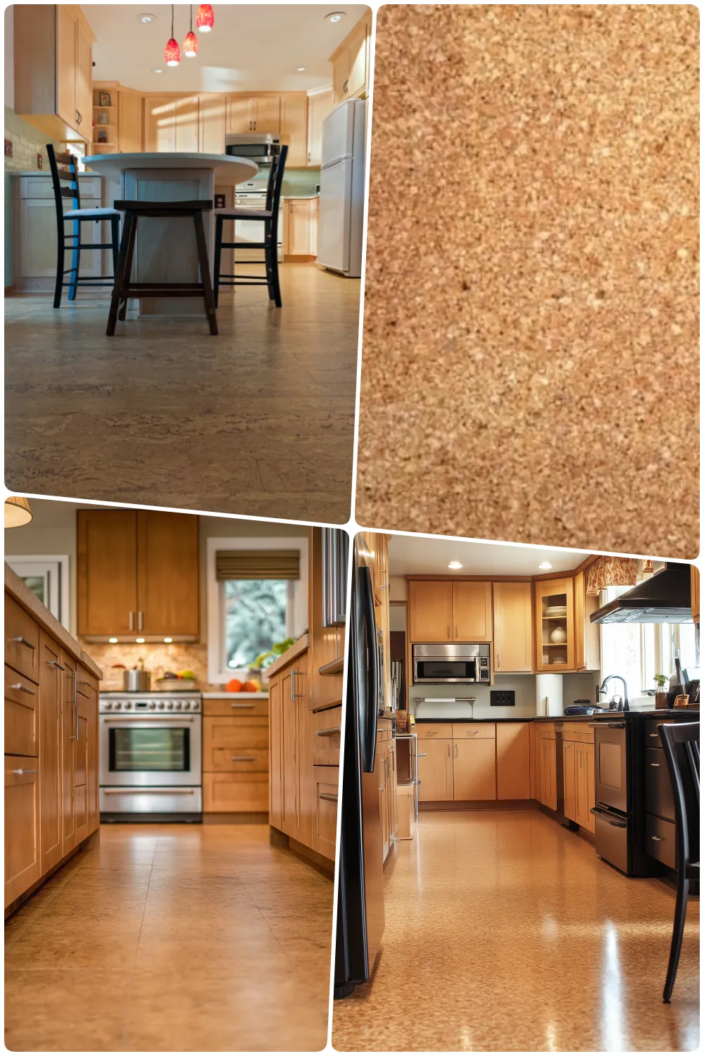 Warm kitchens showcasing stylish cork flooring with wooden cabinets and modern appliances