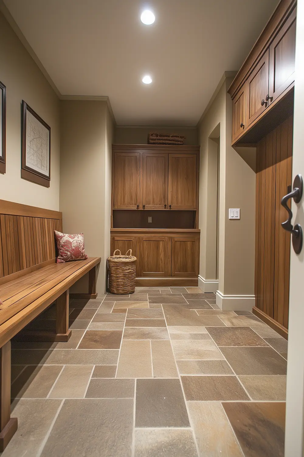 Welcoming mudroom entryway with wooden bench storage cabinet and patterned floor stone material