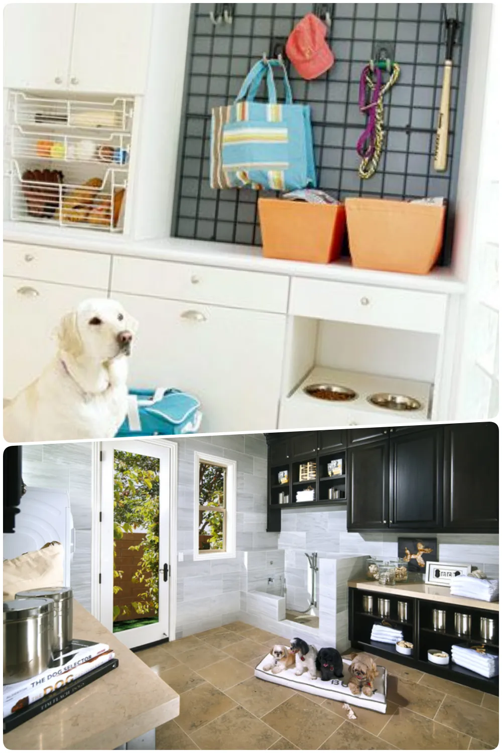 White mudroom with a dog bowls storage and leashes hanging on the wall, Dark kitchen with a window three puppies resting on a mat near the floor