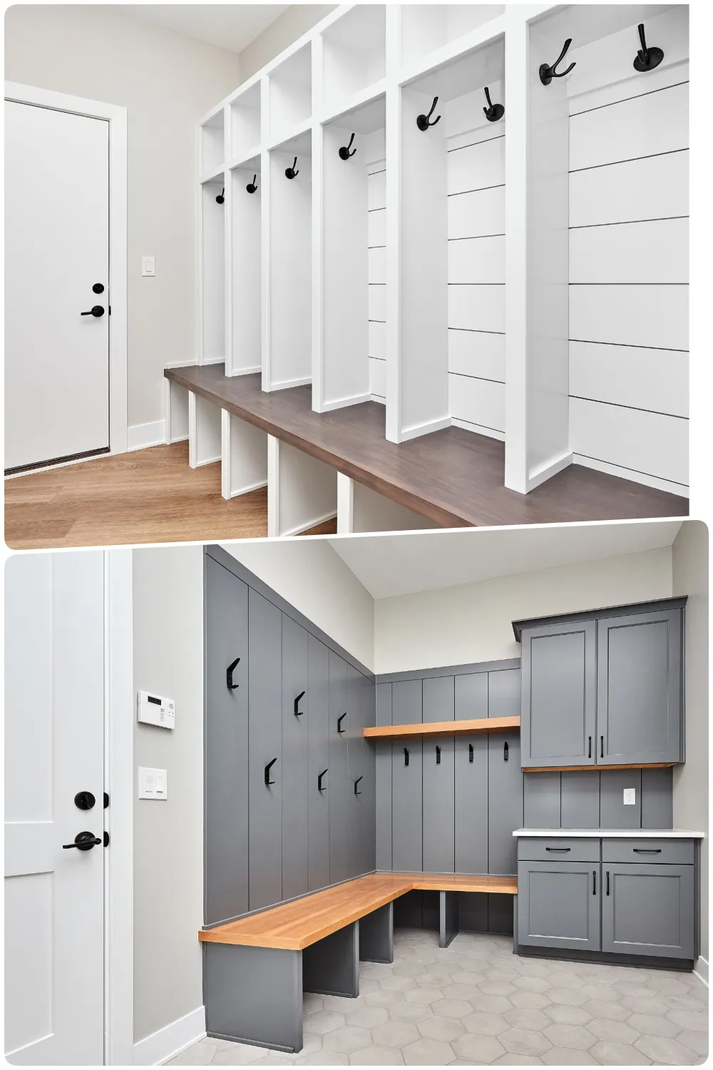 White mudroom with hooks and bench on the top gray mudroom with cabinets and hooks on the bottom