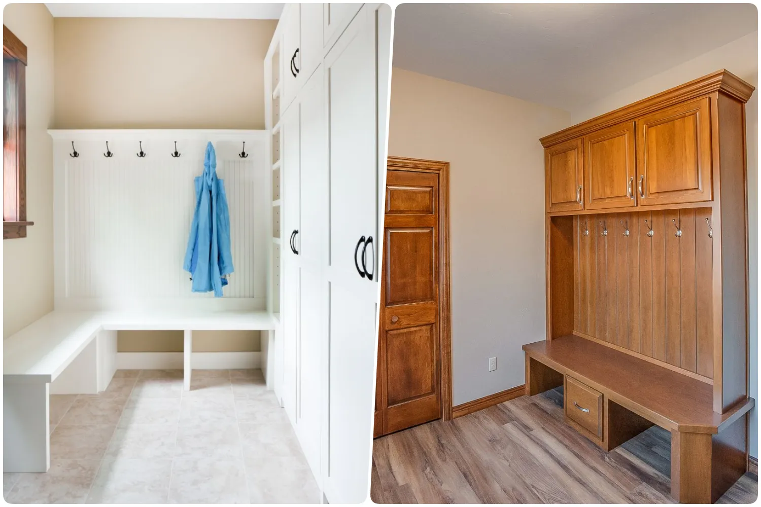 White mudroom with hooks and blue coat on the left dark wooden mudroom with bench and hooks on the right