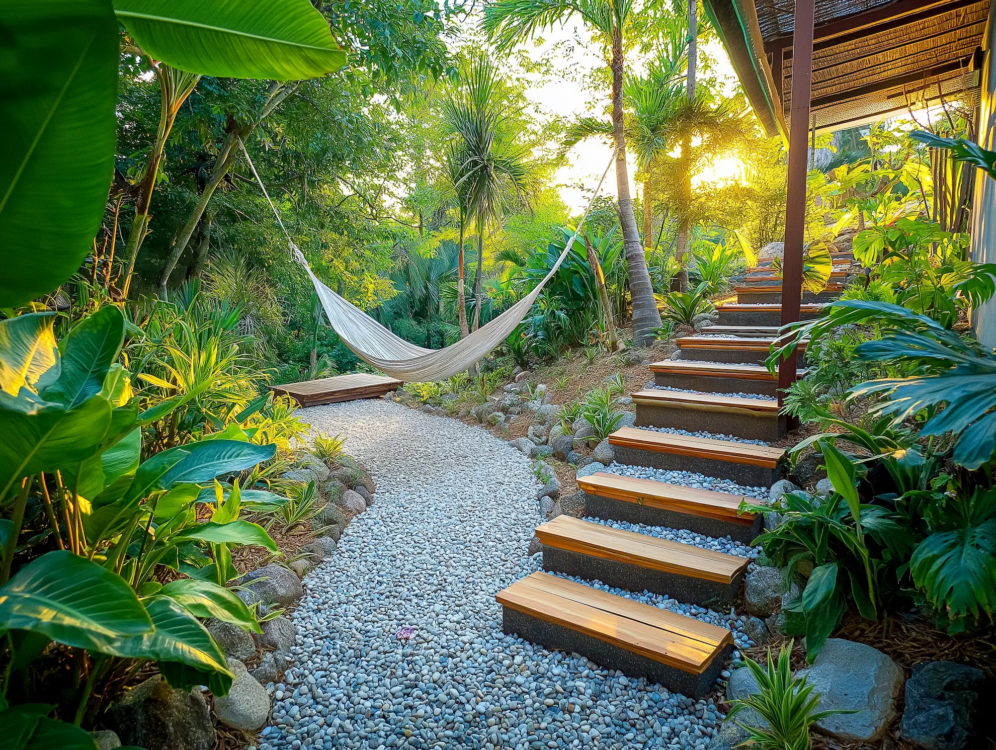 Winding gravel path with wooden steps and a hammock surrounded by lush tropical plants