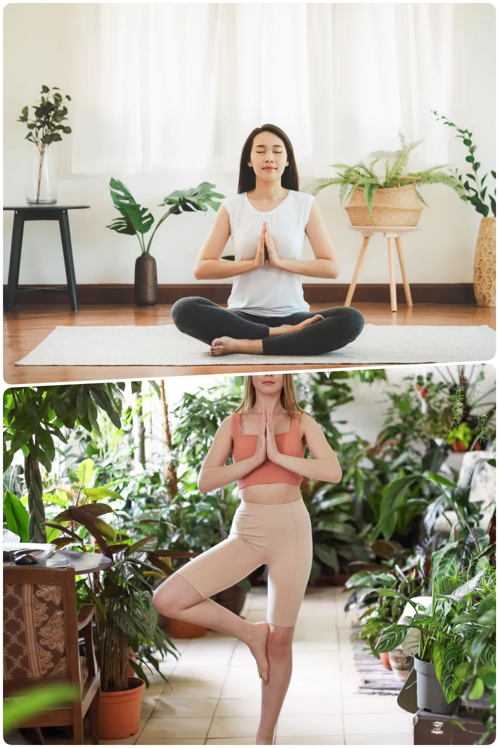 Woman meditating in a bright room filled with indoor plants on a yoga mat, Female practicing yoga in a garden-like setting surrounded by lush greenery