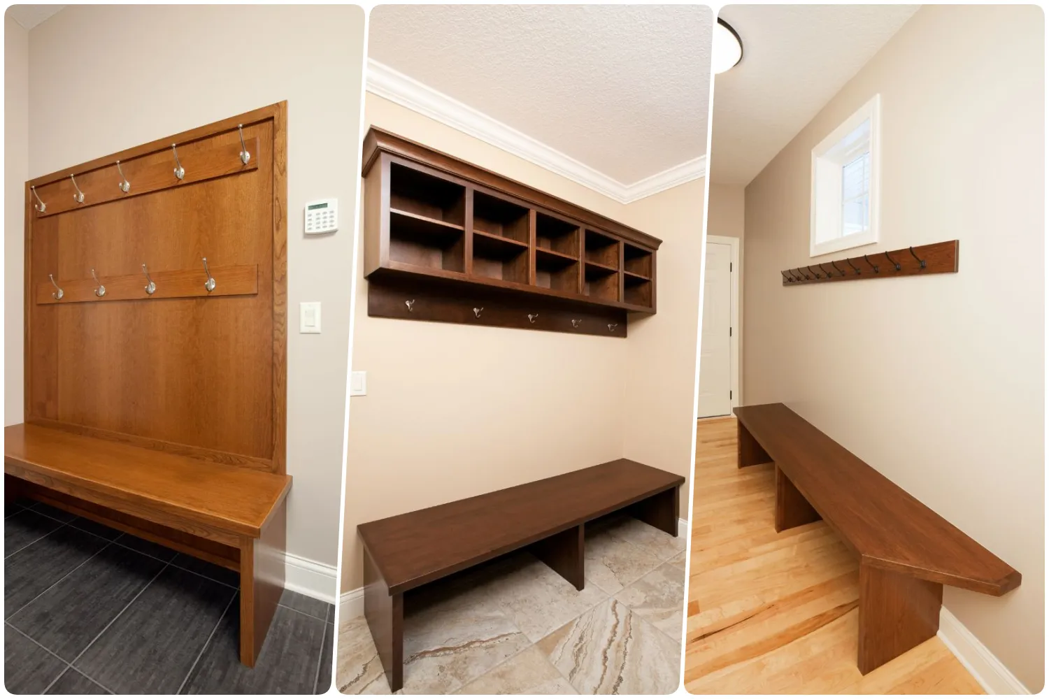 Wooden bench with hooks on the wall in a simple mudroom, Mudroom featuring a shelf with hooks above a wooden bench, Narrow entry space with a wooden bench and hooks mounted on the wall